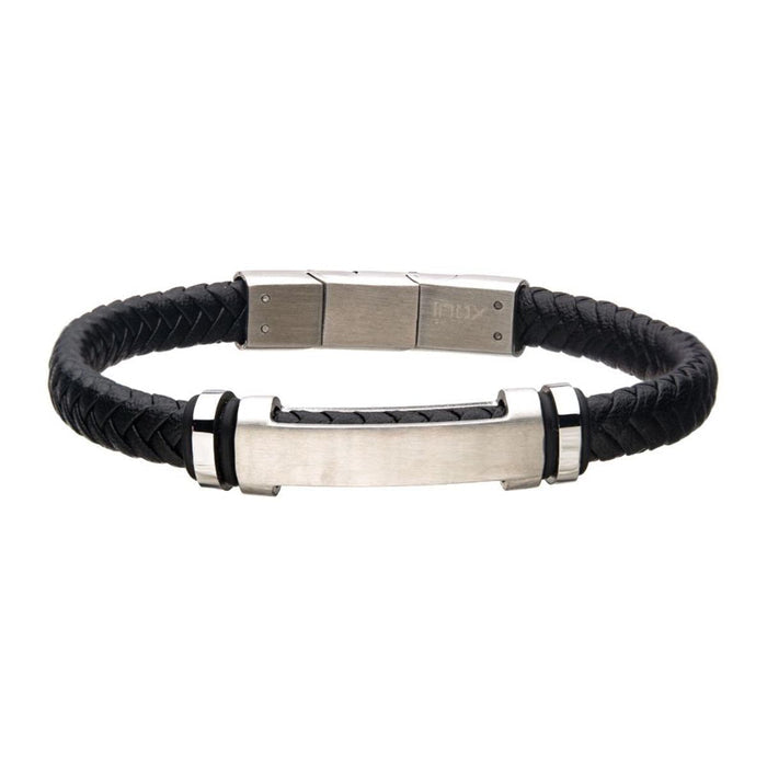 Mens ID Bracelet in Black Leather and Stainless Steel (8.25-8.75 inches)