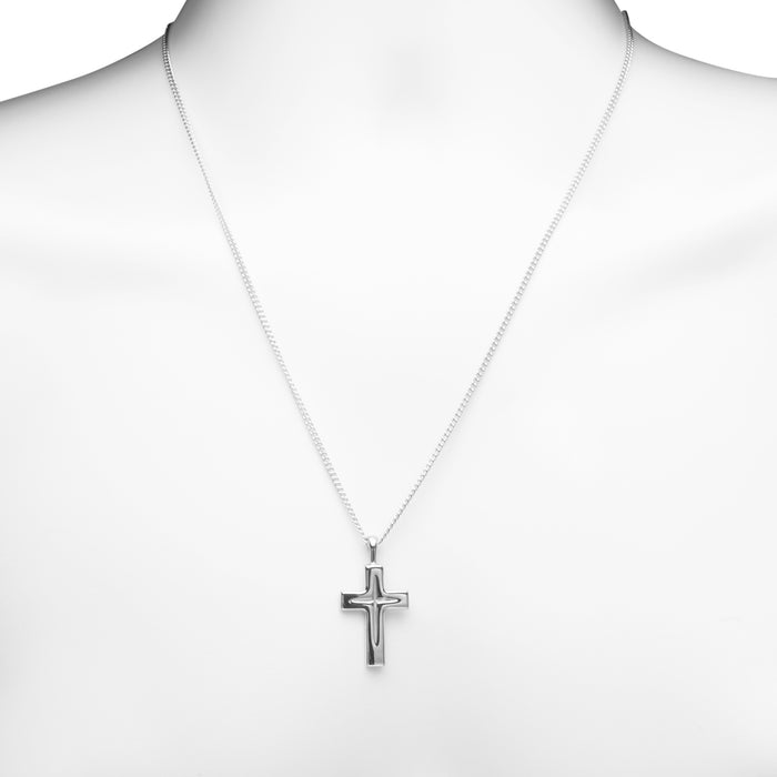 Mens Laser Star Cut Cross Necklace in Sterling Silver