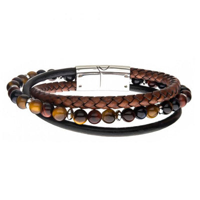 Mens Leather Tigers Eye Bead Bracelet in Stainless Steel