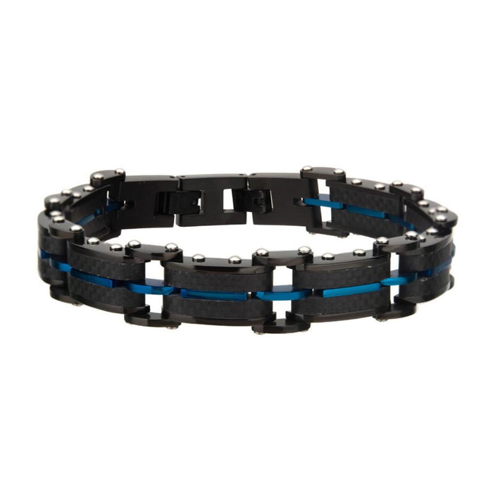 Mens Link Bracelet in Black and Blue Ion Plated Carbon Fiber (8-8.5 inches)