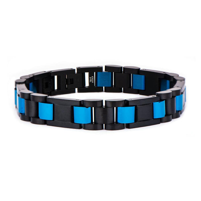 Mens Link Bracelet in Black and Blue Ion Plated Stainless Steel (8.25-8.75 inches)
