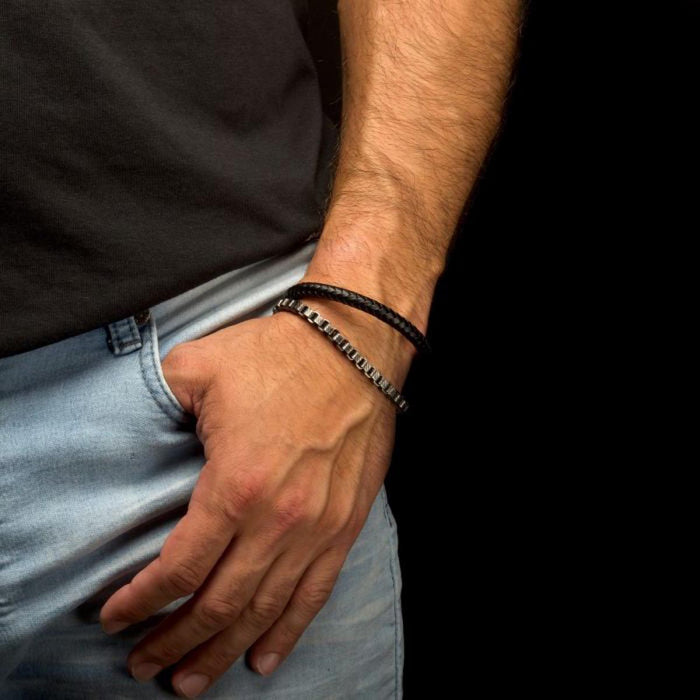 Mens Multi Strand Leather and Box Chain Bracelet in Stainless Steel