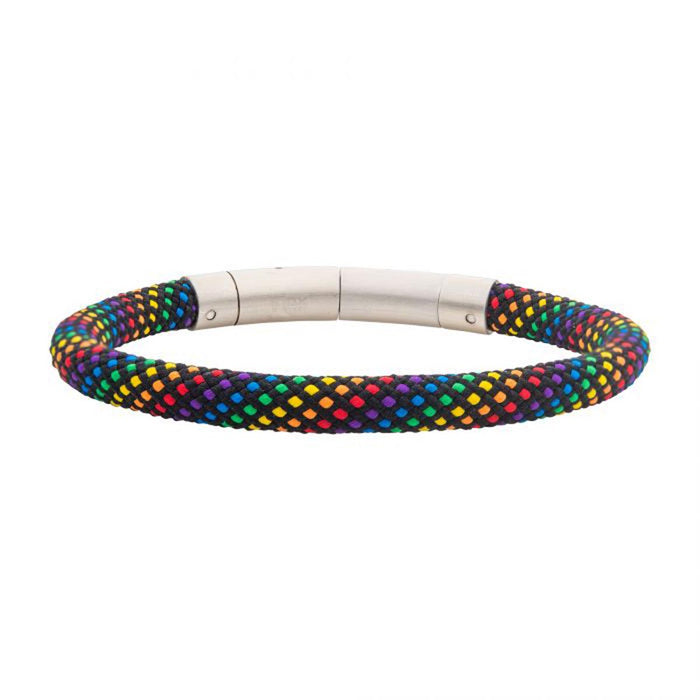 Mens Rainbow Nylon Cord Bracelet in Stainless Steel
