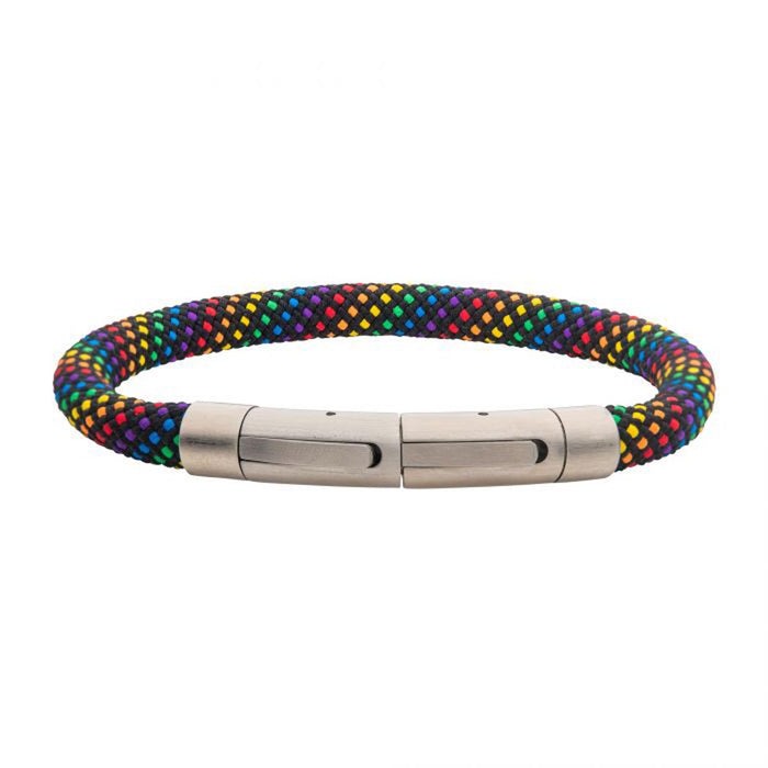 Mens Rainbow Nylon Cord Bracelet in Stainless Steel