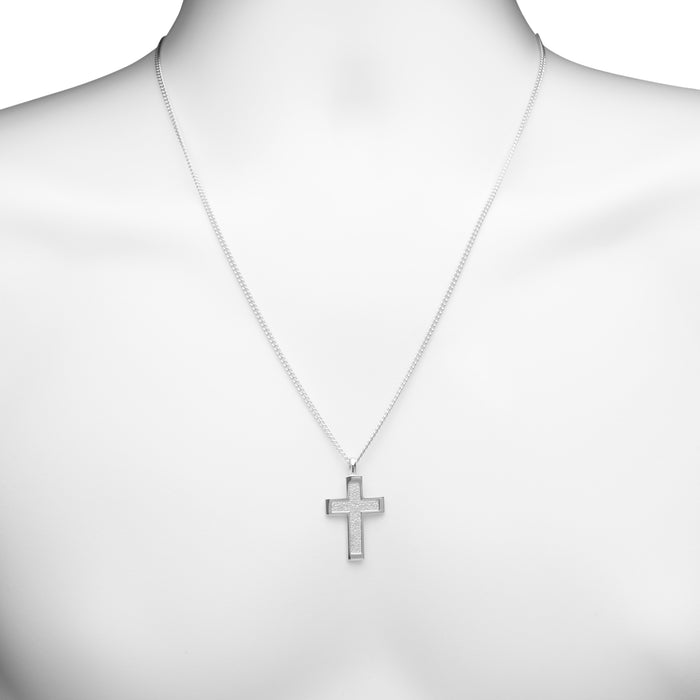 Mens Squared Textured Cross Necklace in Sterling Silver