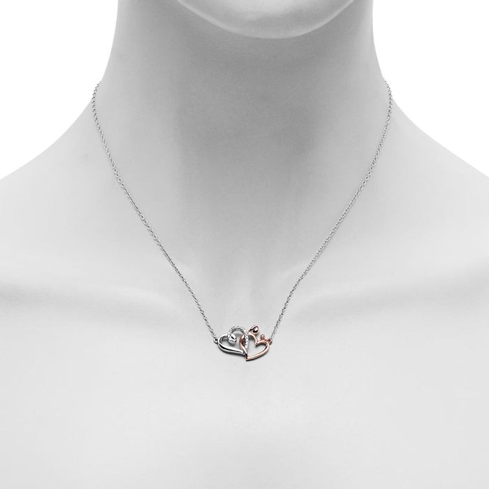 Mother and Child Double Heart Necklace in Sterling Silver and Rose Gold Plate with Diamonds (1/20ct tw)