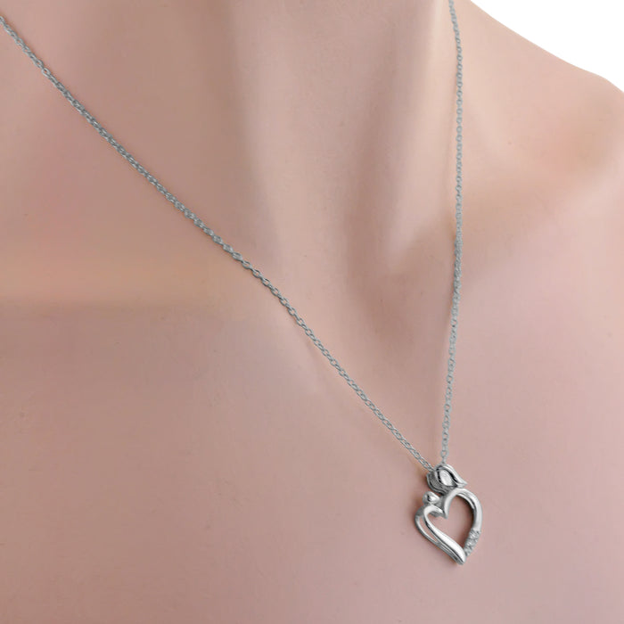 Mother and Child Heart Necklace in Sterling Silver with Diamonds (1/20ct tw)