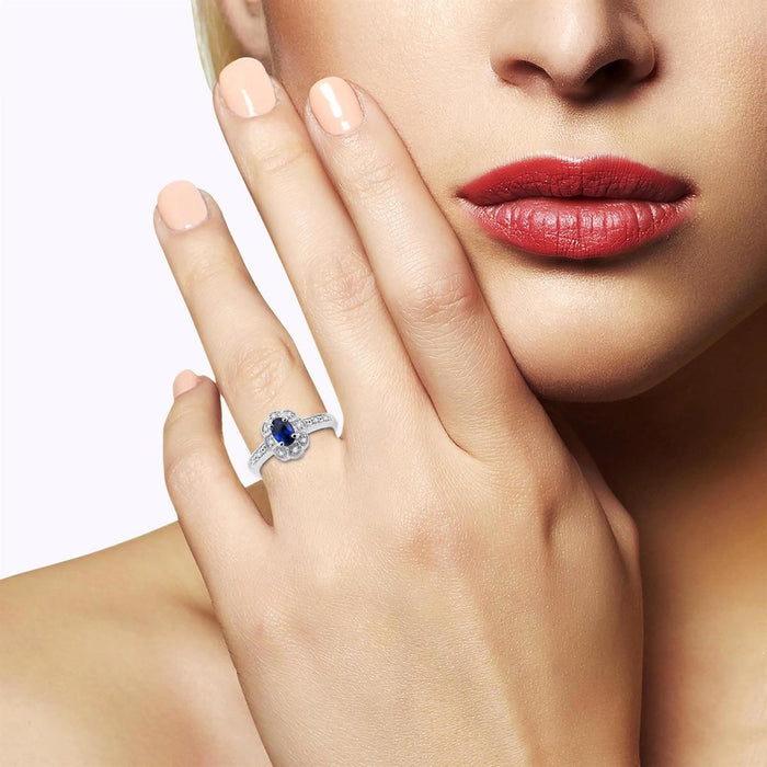 Oval Sapphire Ring in Sterling Silver with Diamonds