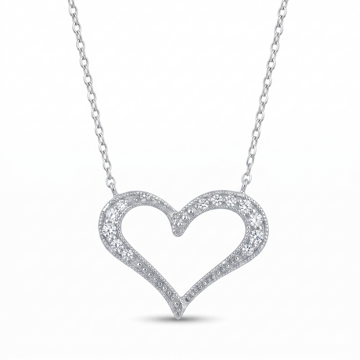 Rhodium Plated 925 Sterling Silver Wide CZ Heart Pendant Necklace - STP00102