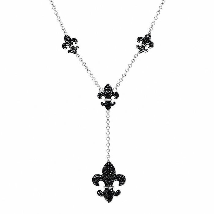 Rhodium and Black Rhodium Plated Black CZ Fleur De Lis Pendant Necklace - BGN00041