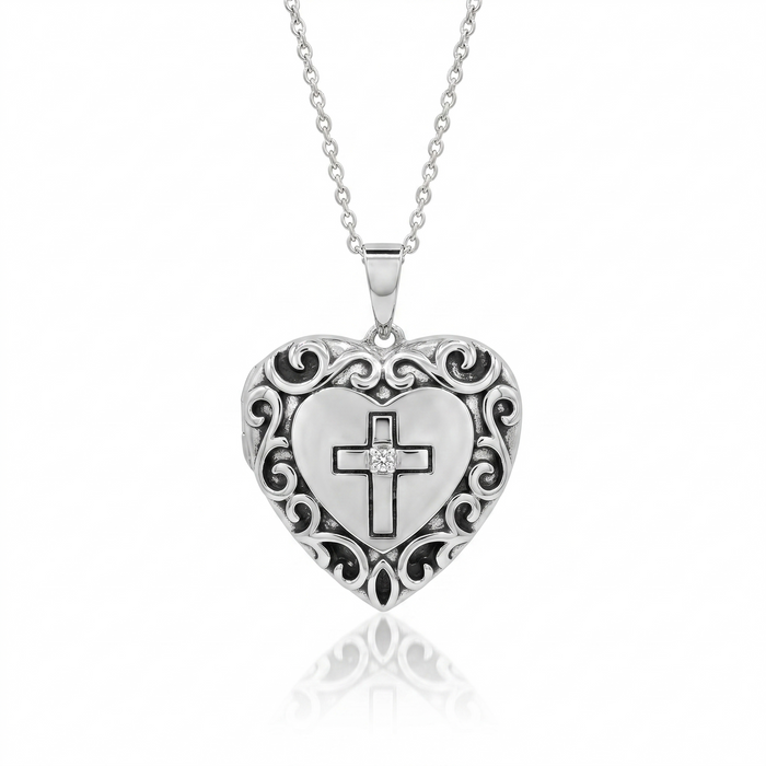 Rhodium Plated 92 Sterling Silver CZ Cross Filigree Heart Locket Pendant Necklace - STP00622
