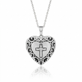 Rhodium Plated 92 Sterling Silver CZ Cross Filigree Heart Locket Pendant Necklace - STP00622