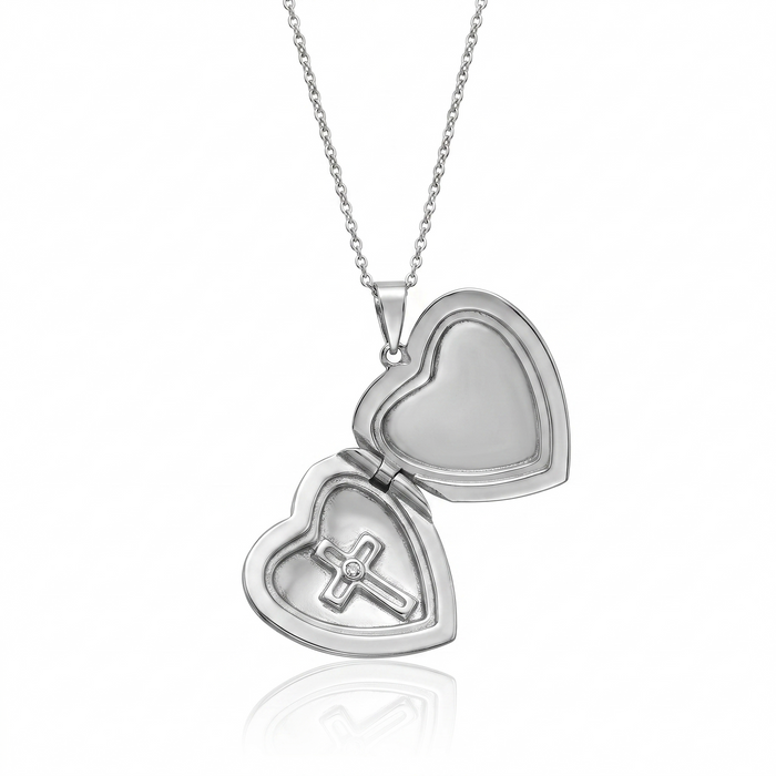 Rhodium Plated 92 Sterling Silver CZ Cross Filigree Heart Locket Pendant Necklace - STP00622