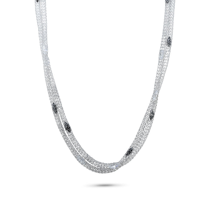 Rhodium Plated 925 Silver 2 Strand Mesh Black & Clear Marquis CZ Necklace - STP00580