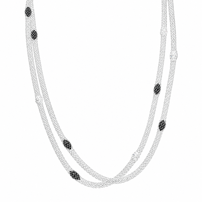 Rhodium Plated 925 Silver 2 Strand Mesh Black & Clear Marquis CZ Necklace - STP00580