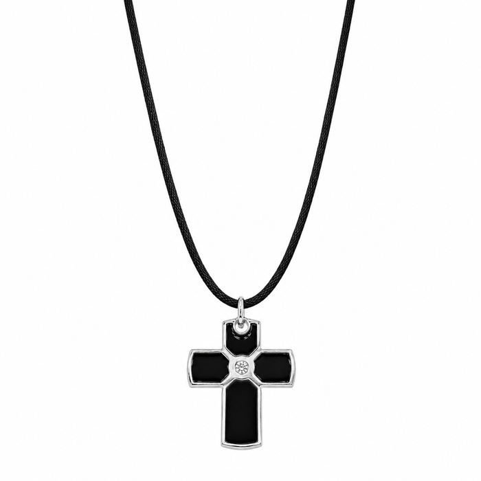 Rhodium Plated 925 Silver Black Enamel Cross Clear CZ Black Cord Pendant Necklace - BGN00001