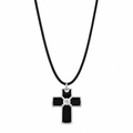 Rhodium Plated 925 Silver Black Enamel Cross Clear CZ Black Cord Pendant Necklace - BGN00001