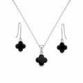 Silver 925 Rhodium Plated Black Onyx Clover Flower Dangling Hook Earring and Necklace Set - STS00354 | Silver Palace Inc.