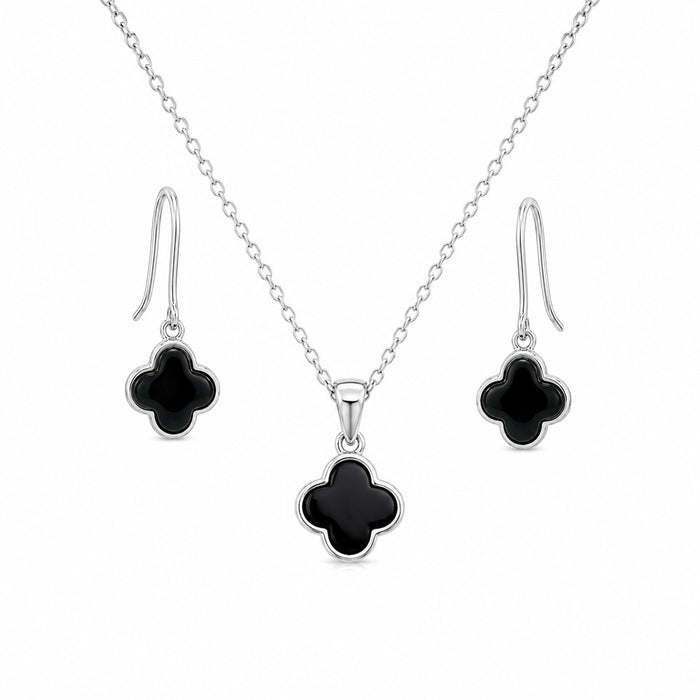 Silver 925 Rhodium Plated Black Onyx Clover Flower Dangling Hook Earring and Necklace Set - STS00354 | Silver Palace Inc.