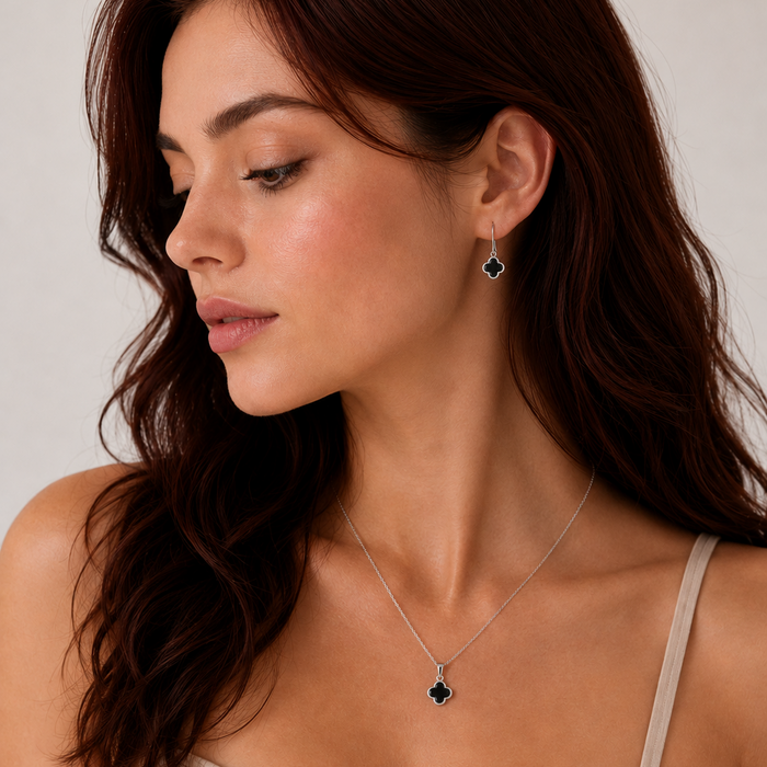 Silver 925 Rhodium Plated Black Onyx Clover Flower Dangling Hook Earring and Necklace Set - STS00354 | Silver Palace Inc.