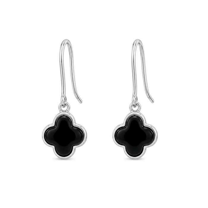 Silver 925 Rhodium Plated Black Onyx Clover Flower Dangling Hook Earring and Necklace Set - STS00354 | Silver Palace Inc.