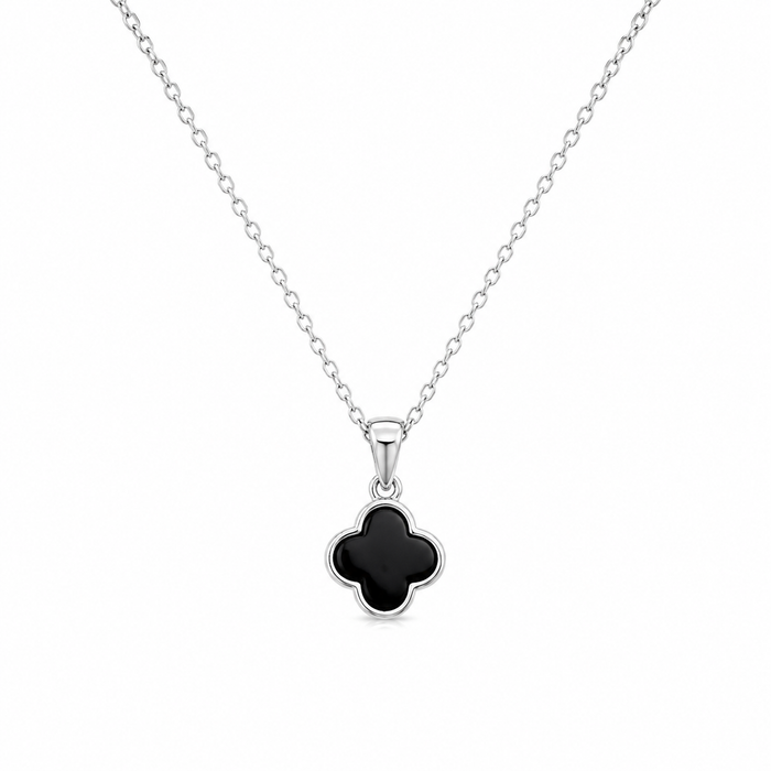 Silver 925 Rhodium Plated Black Onyx Clover Flower Dangling Hook Earring and Necklace Set - STS00354 | Silver Palace Inc.
