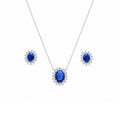 Silver 925 Rhodium Plated Blue and Clear Cluster Oval CZ Stud Earring and Necklace Set - BGS00172 | Silver Palace Inc.