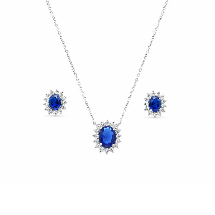 Silver 925 Rhodium Plated Blue and Clear Cluster Oval CZ Stud Earring and Necklace Set - BGS00172 | Silver Palace Inc.