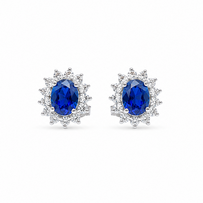 Silver 925 Rhodium Plated Blue and Clear Cluster Oval CZ Stud Earring and Necklace Set - BGS00172 | Silver Palace Inc.