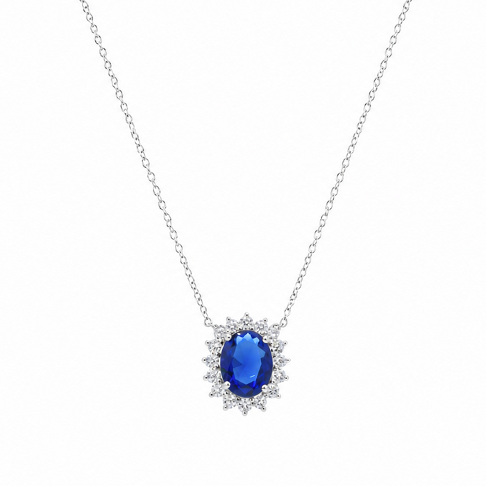 Silver 925 Rhodium Plated Blue and Clear Cluster Oval CZ Stud Earring and Necklace Set - BGS00172 | Silver Palace Inc.