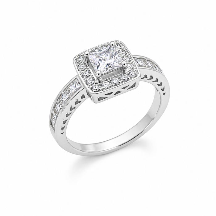 Rhodium Plated 925 Silver Clear Channel Set Princess Cut CZ Bridal Engagement Ring - BGR00463
