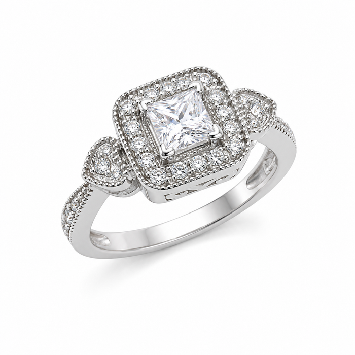 Rhodium Plated 925 Silver Clear Cluster CZ Square Heart Bridal Engagement Ring - BGR00470