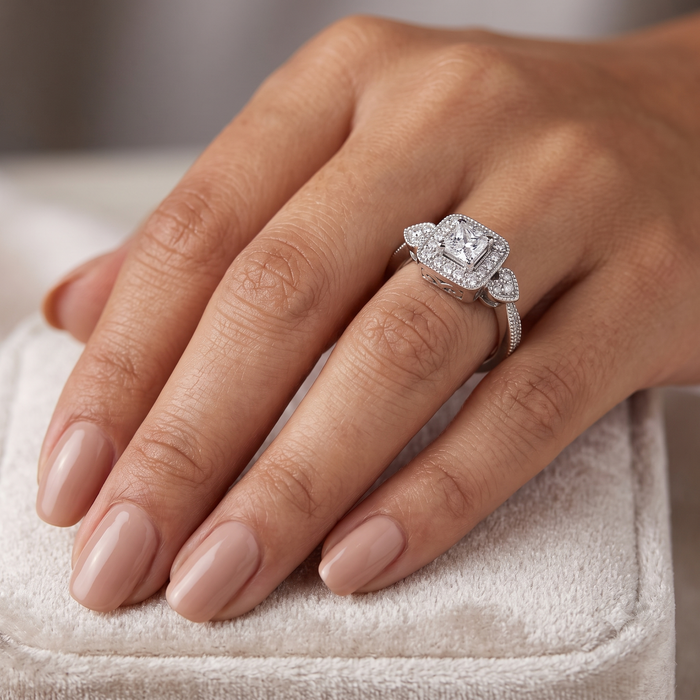 Rhodium Plated 925 Silver Clear Cluster CZ Square Heart Bridal Engagement Ring - BGR00470