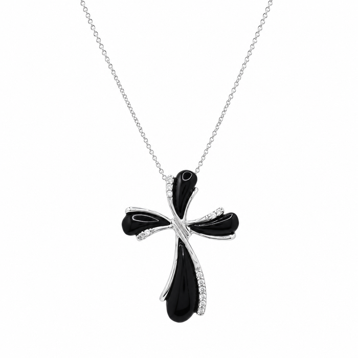 Rhodium Plated 925 Silver Clear CZ Black Cross Pendant Necklace- STP00890