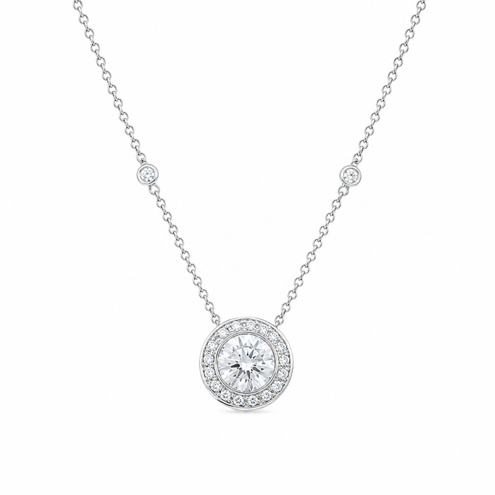 Rhodium Plated 925 Silver Clear CZ Circle & Small Accent Pendant Necklace - BGN00006