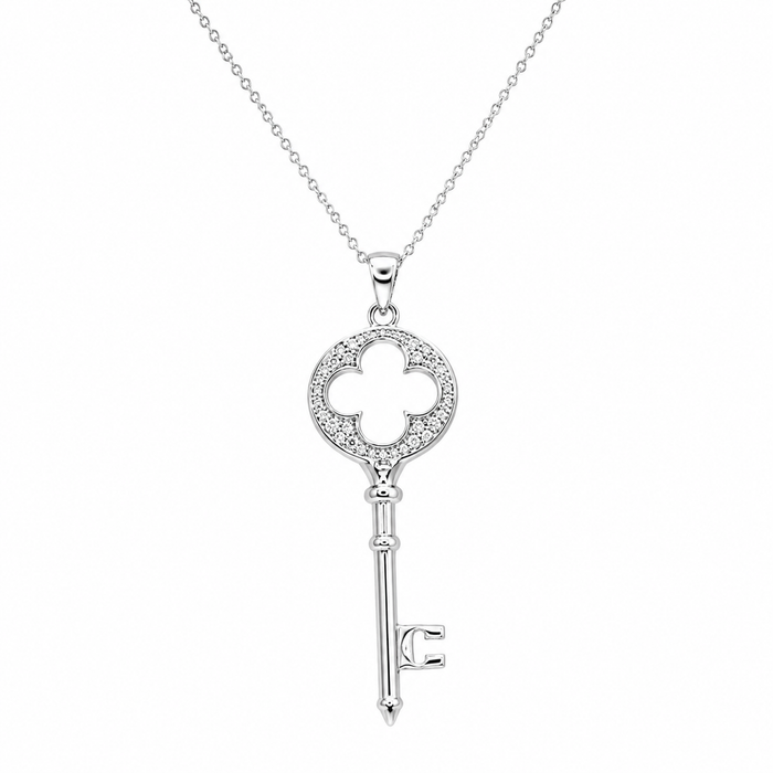 Rhodium Plated 925 Silver Clear CZ Clover Key Pendant Necklace - STP00970