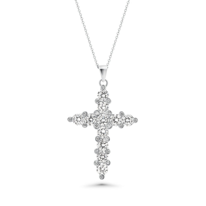 Rhodium Plated  925 Silver Clear CZ Cross Pendant Necklace - BGP00069