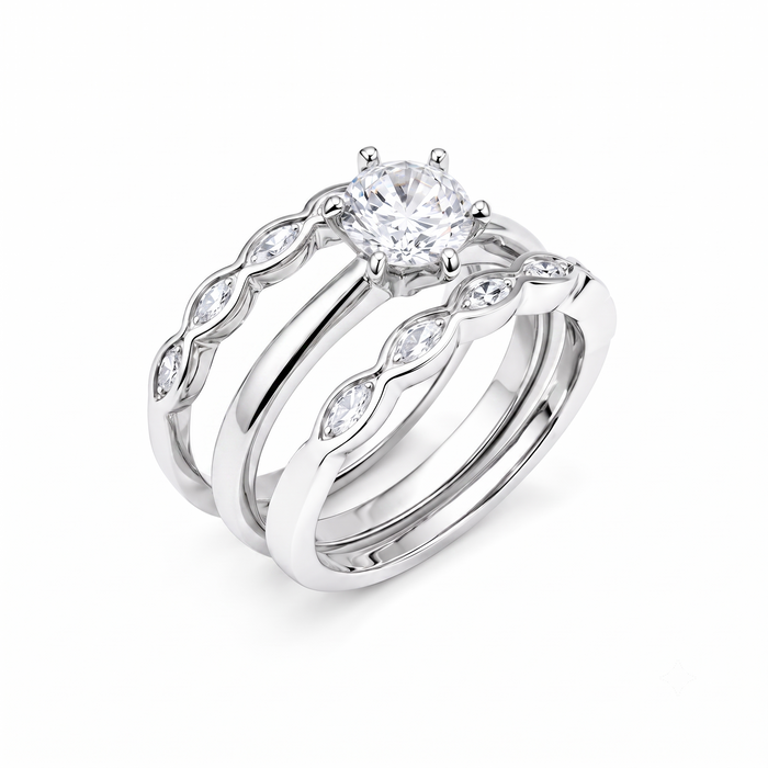 Rhodium Plated 925 Silver Clear Round Center CZ Bridal Engagement Trio Ring Set - BGR00507