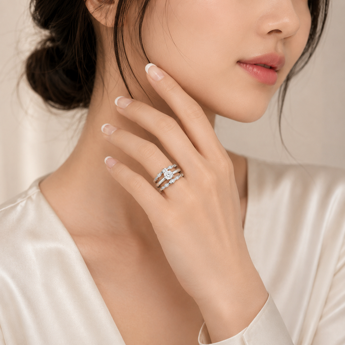 Rhodium Plated 925 Silver Clear Round Center CZ Bridal Engagement Trio Ring Set - BGR00507