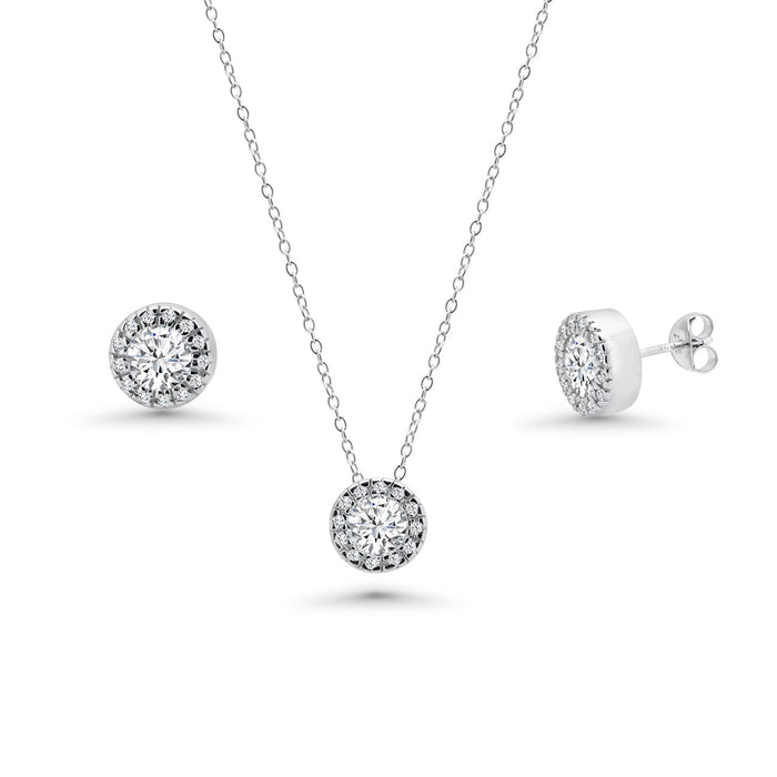 Rhodium Plated 925 Silver Clear Round Pave Set CZ Stud Earring and Necklace Set - BGS00081 | Silver Palace Inc.