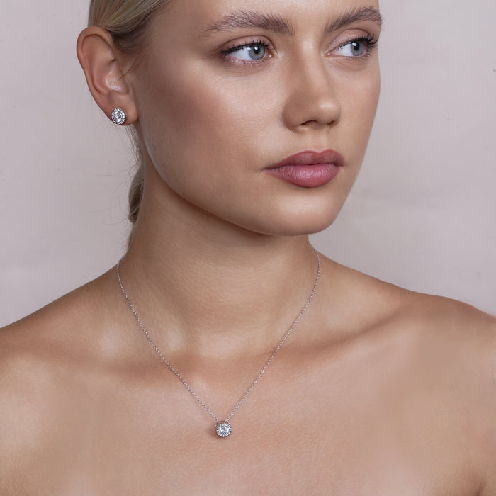 Rhodium Plated 925 Silver Clear Round Pave Set CZ Stud Earring and Necklace Set - BGS00081 | Silver Palace Inc.