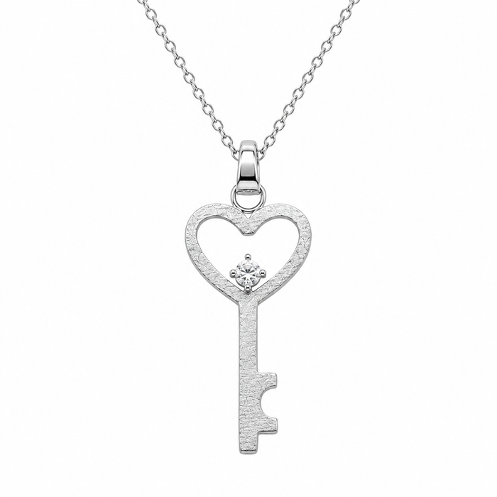 Rhodium Plated 925 Silver CZ Matte Heart Key Pendant Necklace - STP00944