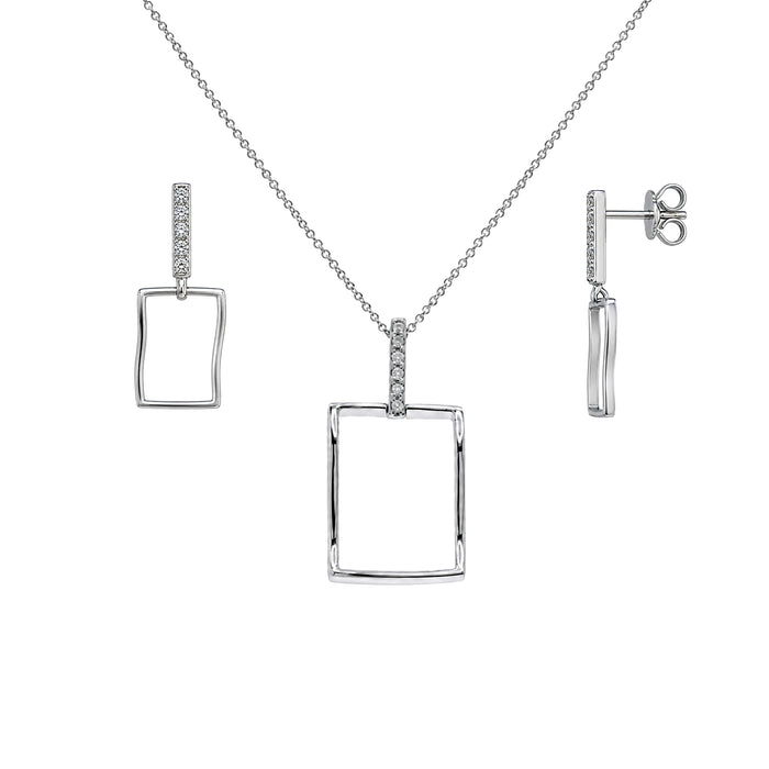 Silver 925 Rhodium Plated CZ Waved Rectangle Dangling Stud Earring and Necklace Set - STS00357 | Silver Palace Inc.