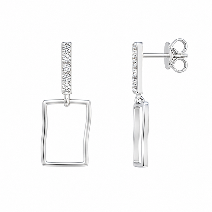 Silver 925 Rhodium Plated CZ Waved Rectangle Dangling Stud Earring and Necklace Set - STS00357 | Silver Palace Inc.