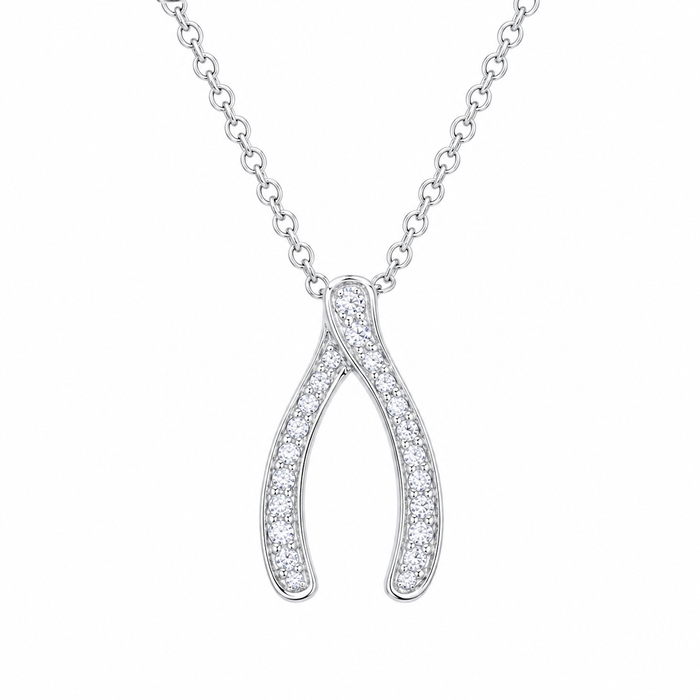 Rhodium Plated 925 Silver CZ Wishbone Pendant Necklace - STP00203