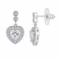 Rhodium Plated 925 Silver Dainty CZ Heart Dangling Earrings - BGE00233 | Silver Palace Inc.