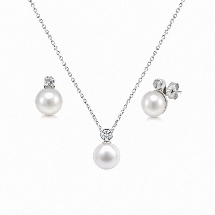 Rhodium Plated 925 Silver Fresh Water Pearl and Clear CZ Earring and Necklace Set - BGS00102