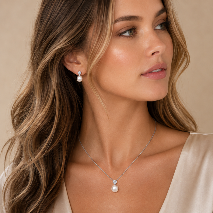 Rhodium Plated 925 Silver Fresh Water Pearl and Clear CZ Earring and Necklace Set - BGS00102