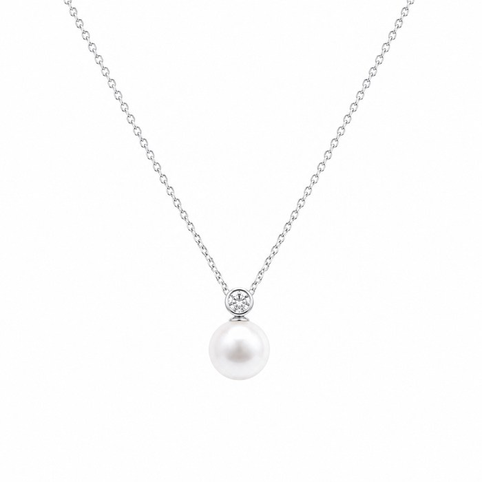 Rhodium Plated 925 Silver Fresh Water Pearl and Clear CZ Earring and Necklace Set - BGS00102