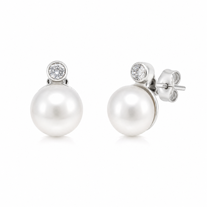 Rhodium Plated 925 Silver Fresh Water Pearl and Clear CZ Earring and Necklace Set - BGS00102